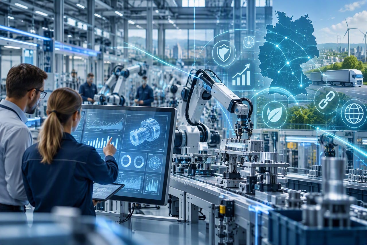 Fachkräfte an einer automatisierten Produktionslinie mit Robotern, Datenvisualisierung und vernetzter Lieferkette